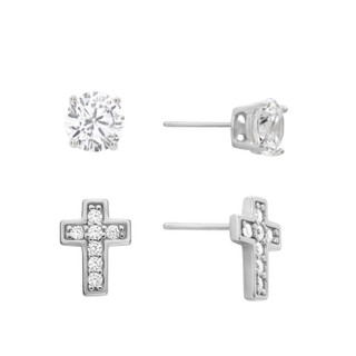 Thumbnail 1: ATHRA Athra Silver 2 Pc CZ Cross and Solitaire Stud Earrings 