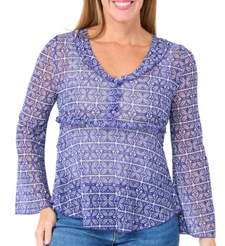 Thumbnail 1: BUNULU Bunulu Womens Long Bell Sleeve Ruffle V-Neck Print Mesh Top 