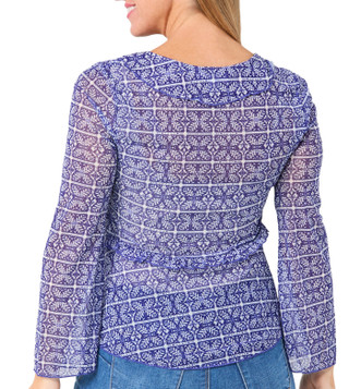 Thumbnail 2: BUNULU Bunulu Womens Long Bell Sleeve Ruffle V-Neck Print Mesh Top 