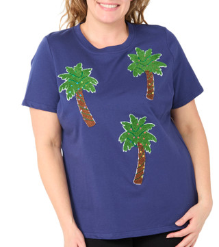 Thumbnail 1: CELESTIAL DREAMS Celestial Dreams Plus Short Sleeve Christmas Palm Tree Top 