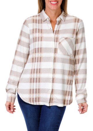 Thumbnail 1: ALEX & JORDAN Women's Long Sleeve Plaid Button Down Top 