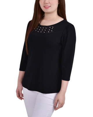 Thumbnail 2: NY COLLECTION NY Collection Womens 3/4 Sleeve Crepe Knit Strip Detail Top 