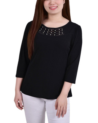 Thumbnail 1: NY COLLECTION NY Collection Womens 3/4 Sleeve Crepe Knit Strip Detail Top 