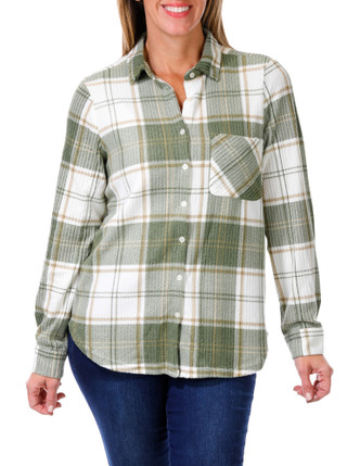 Thumbnail 1: ALEX & JORDAN Women's Long Sleeve Plaid Button Down Top 