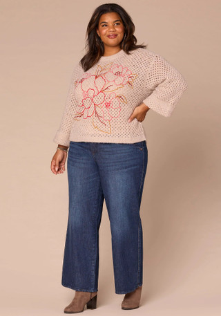 Thumbnail 2: Democracy Democracy Plus Long Sleeve Floral Embroidered Sweater 