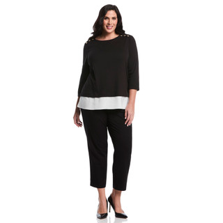 Thumbnail 4: Rafaella Rafaella Plus 3/4 Sleeve Layered Button Accent Top 