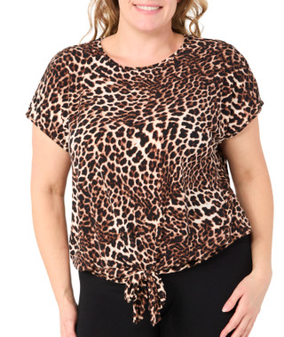 Thumbnail 1: ADRIENNE VITTADINI Adrienne Vittadini Plus Short Sleeve Tie Front Leopard Top 