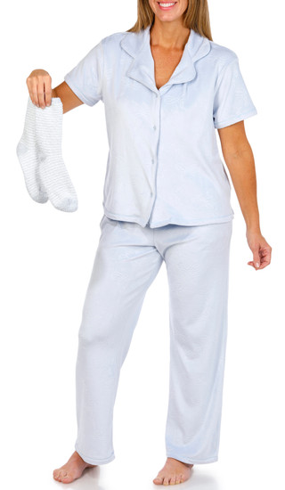 Thumbnail 1: JACLYN Jaclyn Womens 3 Pc Bow Embossed Velour Pajama Set & Socks 