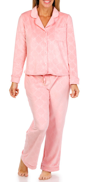 Thumbnail 1: JACLYN Jaclyn Womens 2 Pc Bow Trellis Embossed Velour Pajama Set 