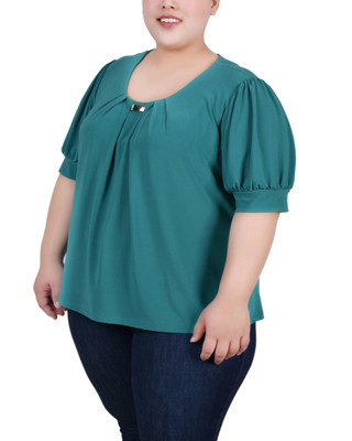 Thumbnail 3: NY COLLECTION Plus Short Sleeve Balloon Sleeve Top With Hardware 