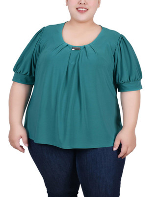 Thumbnail 1: NY COLLECTION Plus Short Sleeve Balloon Sleeve Top With Hardware 