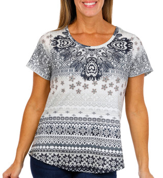 Thumbnail 1: ONE WORLD One World Womens Short Sleeve Crew Neck Embellished Top 