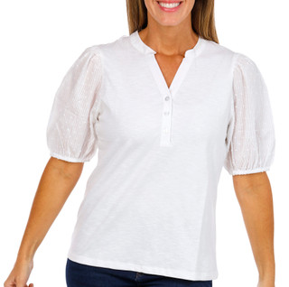 Thumbnail 1: Kaktus Kaktus Womens Short Puff Sleeve Cotton Henley Top 
