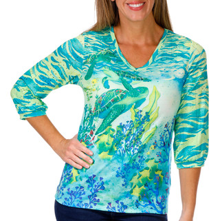 Thumbnail 1: ART & SOL Art & Sol Womens 3/4 Sleeve V Neck Eyelet Emeral Turtles Top 