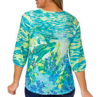 Thumbnail 2: ART & SOL Art & Sol Womens 3/4 Sleeve V Neck Eyelet Emeral Turtles Top 