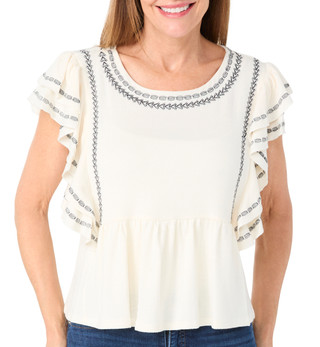Thumbnail 1: Bobeau Bobeau Womens Short Sleeve Ruffle Edge Embroidered Top 