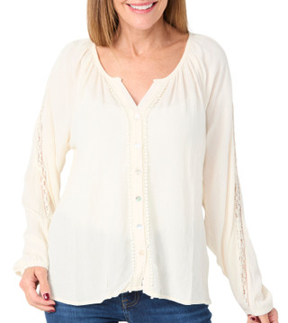 Thumbnail 2: Angels Angels Womens Long Sleeve Solid Lace Trim Button Front Top 