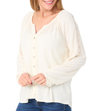 Thumbnail 1: Angels Angels Womens Long Sleeve Solid Lace Trim Button Front Top 