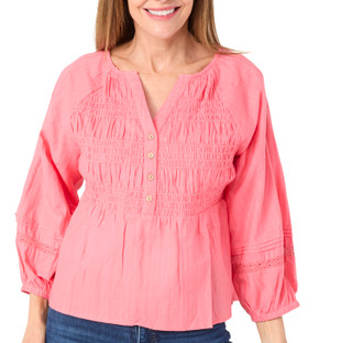 Thumbnail 1: Kaktus Kaktus Womens 3/4 Sleeve Split Neck Smocked Cotton Top 