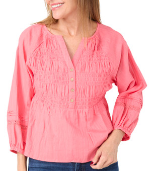 Thumbnail 2: Kaktus Kaktus Womens 3/4 Sleeve Split Neck Smocked Cotton Top 