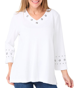 Thumbnail 1: Erin London Erin London Womens 3/4 Sleeve Solid Embellished V-Neck Top 