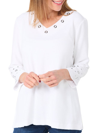 Thumbnail 2: Erin London Erin London Womens 3/4 Sleeve Solid Embellished V-Neck Top 