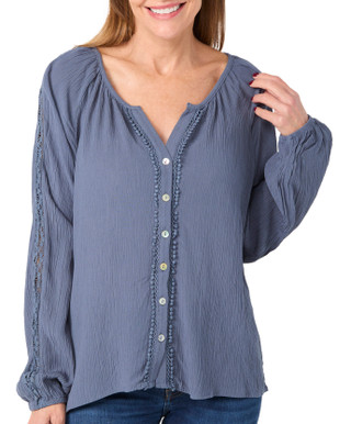Thumbnail 2: Angels Angels Womens Long Sleeve Button Down Crochet Trim Top 