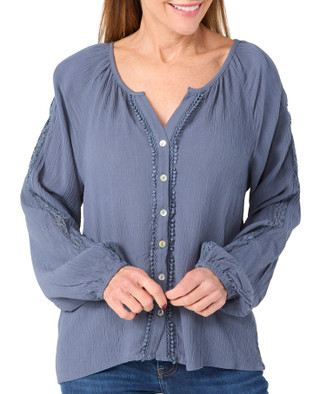Thumbnail 1: Angels Angels Womens Long Sleeve Button Down Crochet Trim Top 