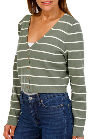 Thumbnail 2: Pink Rose Pink Rose Juniors V Neck Button Down Stripe Sweater 
