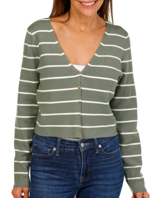 Thumbnail 1: Pink Rose Pink Rose Juniors V Neck Button Down Stripe Sweater 