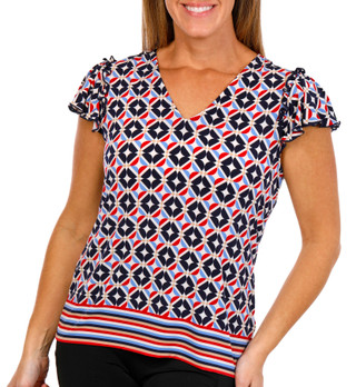 Thumbnail 1: Tommy Hilfiger Tommy Hilfiger Womens Short Flutter Sleeve V-Neck Print Top 