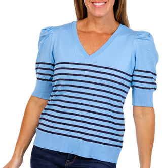 Thumbnail 1: RACHEL ROY Rachel Roy Womens Short Puff Sleeve Striped V-Neck Sweater 