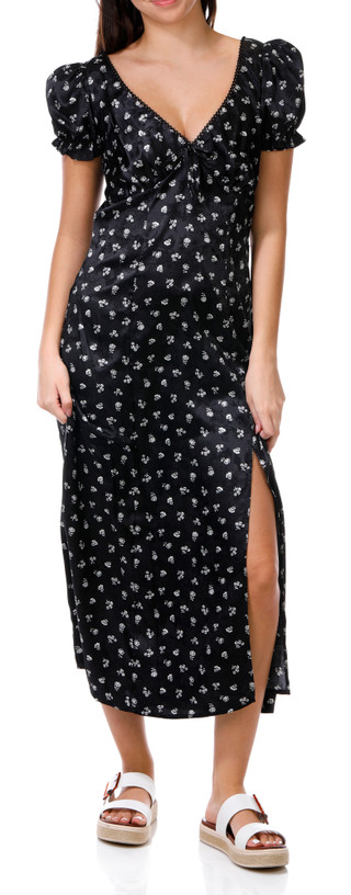 Thumbnail 1: Crystal Doll Crystal Doll Juniors Puff Sleeve Floral Slit Midi Dress 
