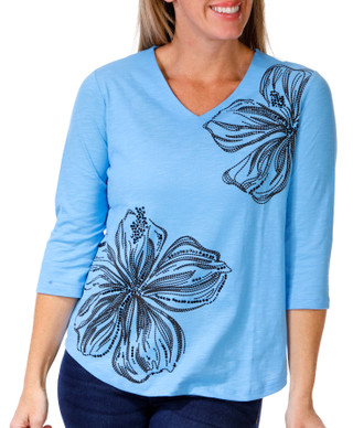 Thumbnail 1: Coral Bay Coral Bay Womens 3/4 Sleeve Embellished Hibiscus Bling Tee 
