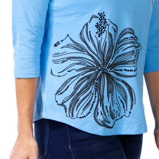 Thumbnail 3: Coral Bay Coral Bay Womens 3/4 Sleeve Embellished Hibiscus Bling Tee 