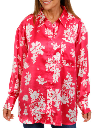 Thumbnail 1: SENSEA Sensea Womens Long Sleeve Floral Satin Button Down Top 