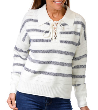 Thumbnail 1: GREIGE Greige Womens Lace Up Stripe Sweater 