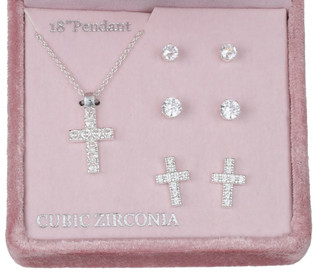 Thumbnail 2: JULIET Juliet Silver 4 Pc Earrings & Cross Necklace Set 