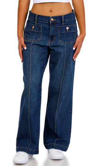 Thumbnail 1: BLUE REVIVAL Blue Revival Juniors Mid Rise Patch Pocket Wide Leg Jeans 