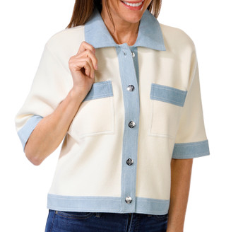 Thumbnail 1: Nanette Lepore Nanette Lepore Womens Short Sleeve Denim Trim Sweater Top 