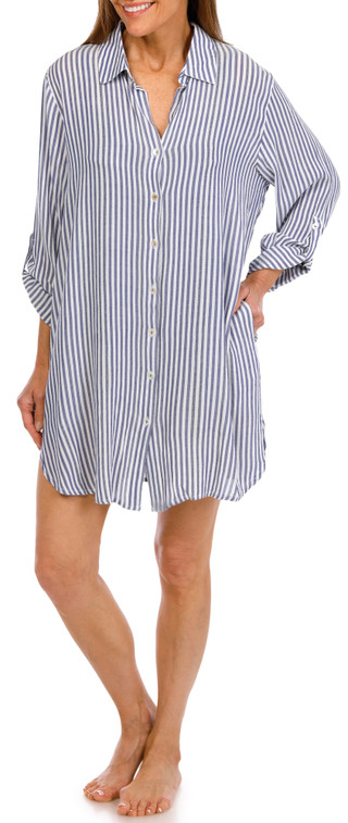 Thumbnail 2: BLUE ISLAND Blue Island Womens Long Sleeve Stripe Button Down Coverup 