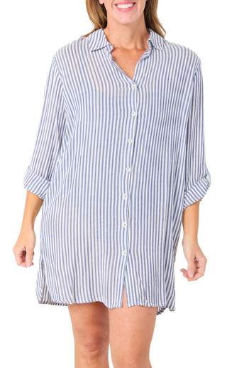 Thumbnail 1: BLUE ISLAND Blue Island Womens Long Sleeve Stripe Button Down Coverup 