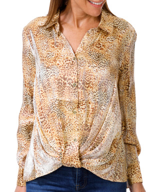 Thumbnail 1: BADGLEY MISCHKA Badgley Mischka Womens Long Sleeve Cheetah Button Down Top 