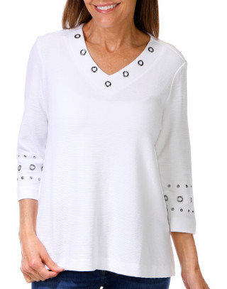 Thumbnail 1: Erin London Erin London Petite 3/4 Sleeve Solid Embellished V-Neck Top 