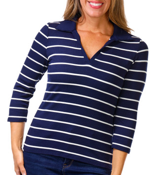 Thumbnail 1: Cyrus Cyrus Womens 3/4 Sleeve Ribbed Striped Johnny Collar Top 