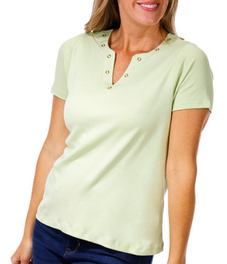 Thumbnail 1: Coral Bay Coral Bay Womens Short Sleeve Grommet Split Neck Top 