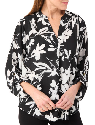 Thumbnail 2: Floral & Ivy Floral & Ivy Womens 3/4 Roll Sleeve Split Neck Floral Top 