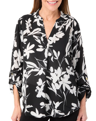 Thumbnail 1: Floral & Ivy Floral & Ivy Womens 3/4 Roll Sleeve Split Neck Floral Top 