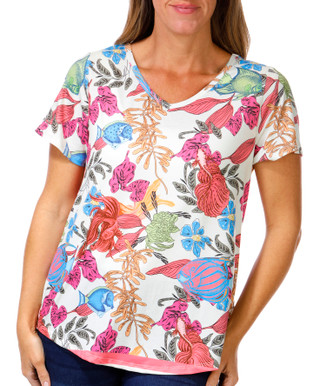 Thumbnail 1: Coral Bay Coral Bay Womens Short Sleeve V-Neck Embellished Print Top 