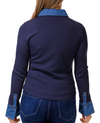 Thumbnail 2: TRUTH Truth Womens Denim Trim Ribbed Long Sleeve Polo Top 